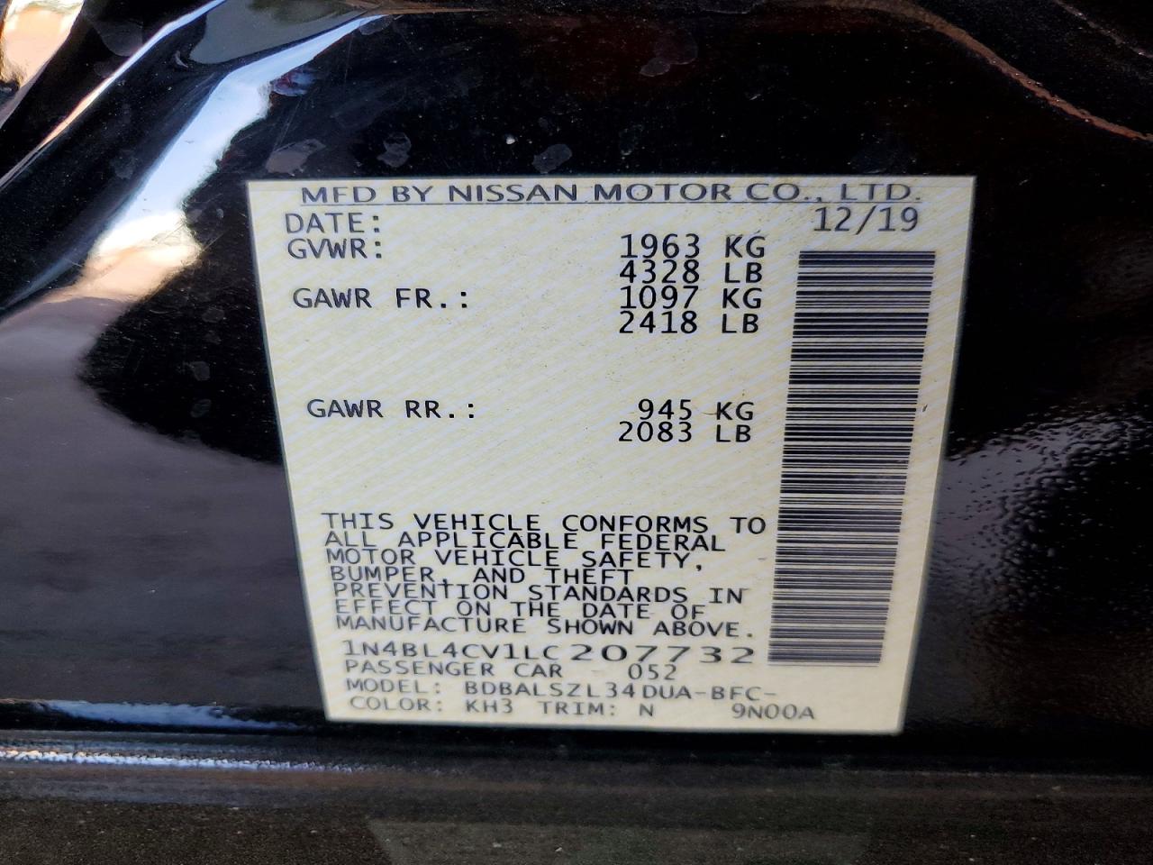 2020 Nissan Altima Sr Черный vin: 1N4BL4CV1LC207732
