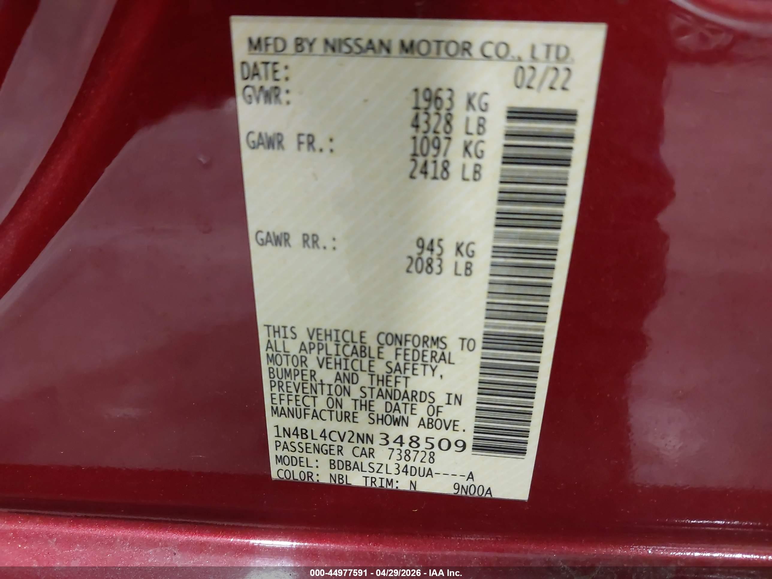 2022 Nissan Altima Sr Fwd Красный vin: 1N4BL4CV2NN348509