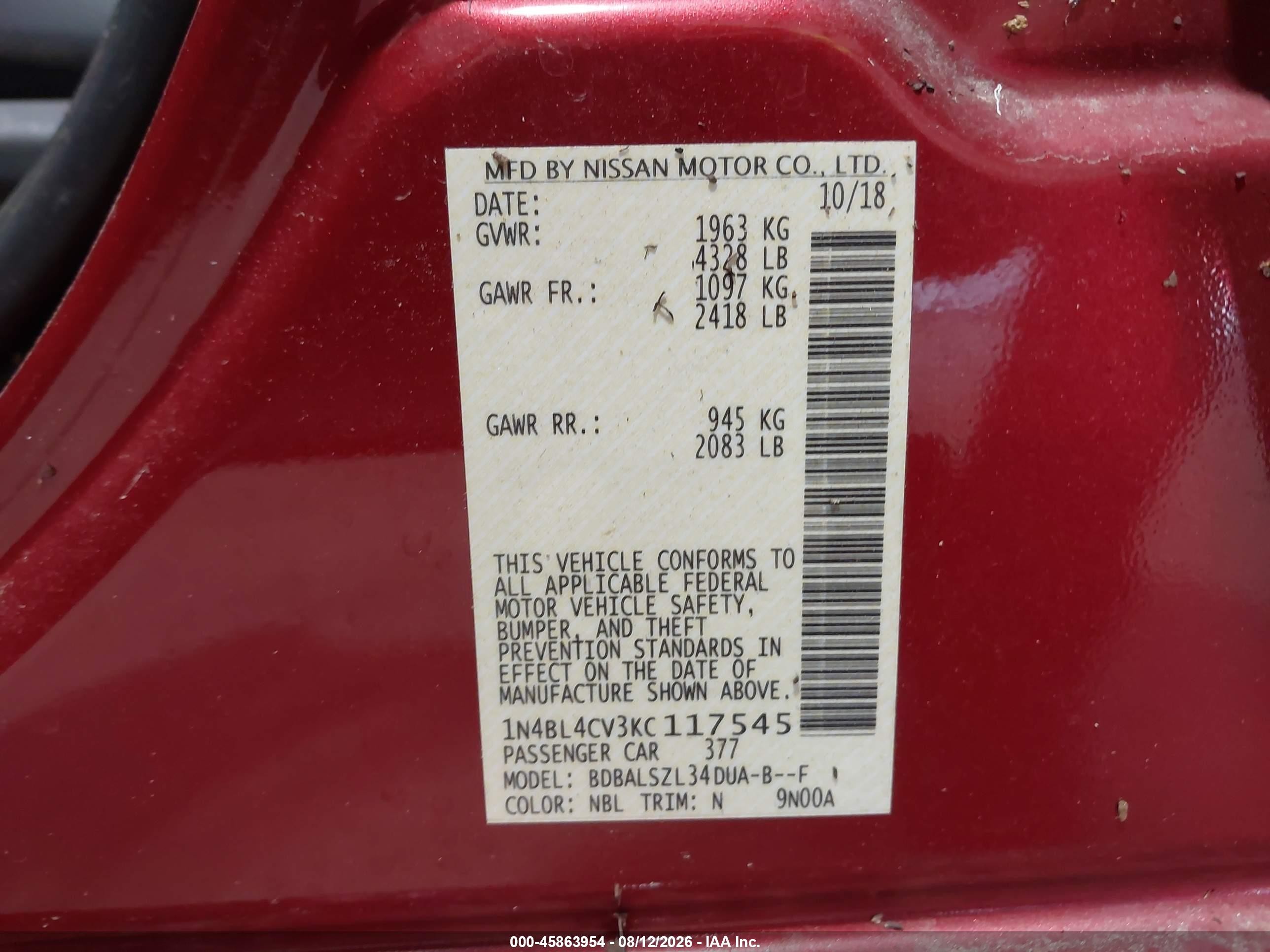 2019 Nissan Altima 2.5 Sr Burgundy vin: 1N4BL4CV3KC117545