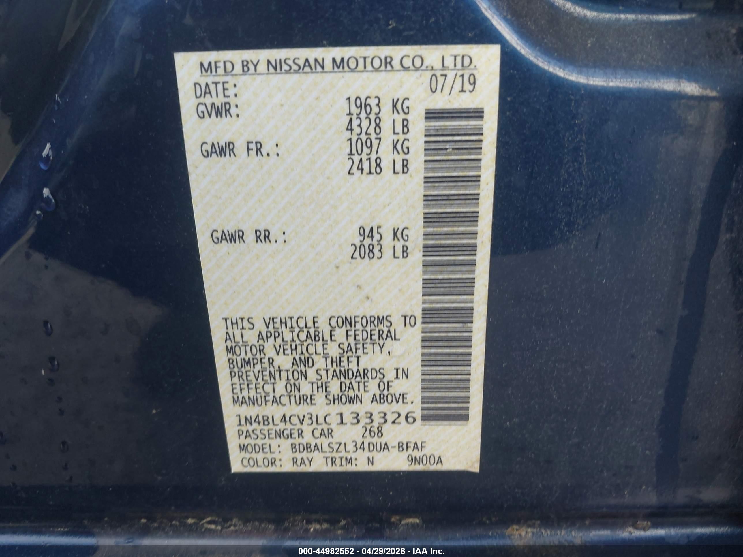 2020 Nissan Altima Sr Fwd Blue vin: 1N4BL4CV3LC133326