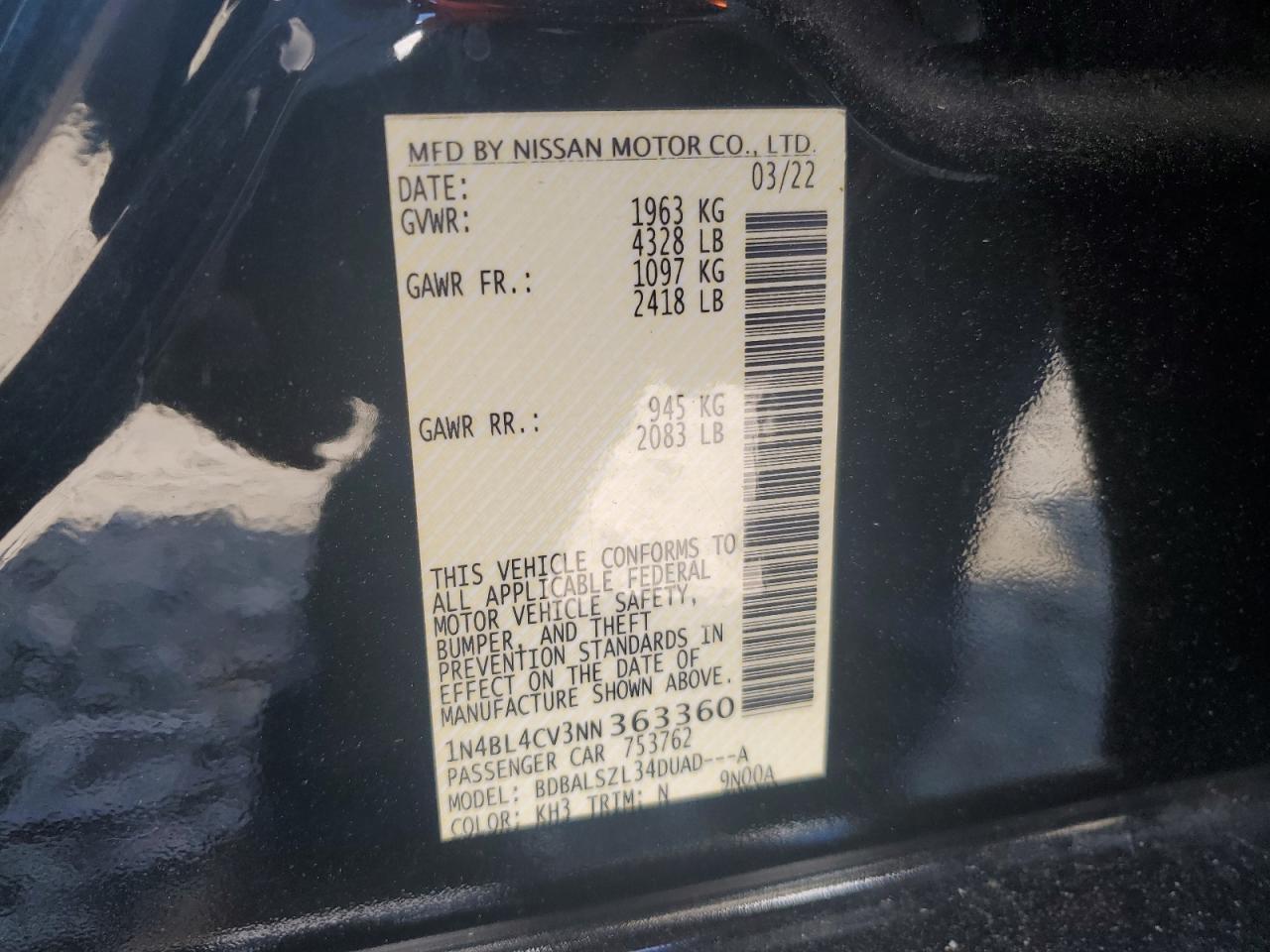 2022 Nissan Altima Sr Черный vin: 1N4BL4CV3NN363360