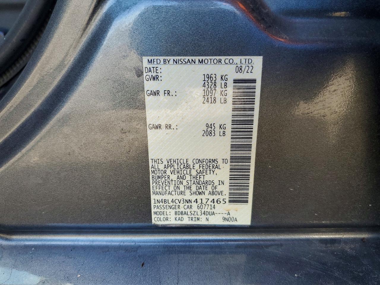 2022 Nissan Altima Sr Серый vin: 1N4BL4CV3NN417465