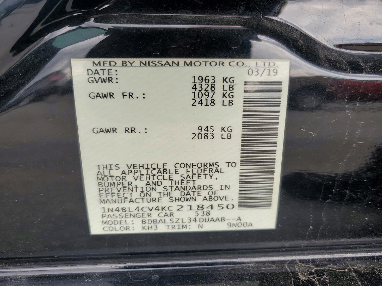 2019 Nissan Altima Sr Black vin: 1N4BL4CV4KC218450