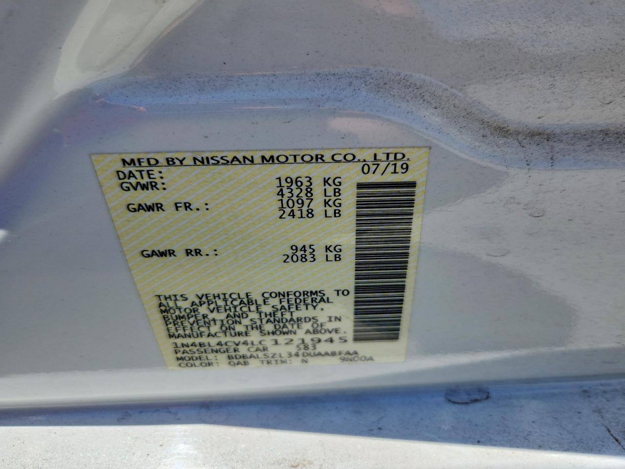 2020 Nissan Altima Sr White vin: 1N4BL4CV4LC121945
