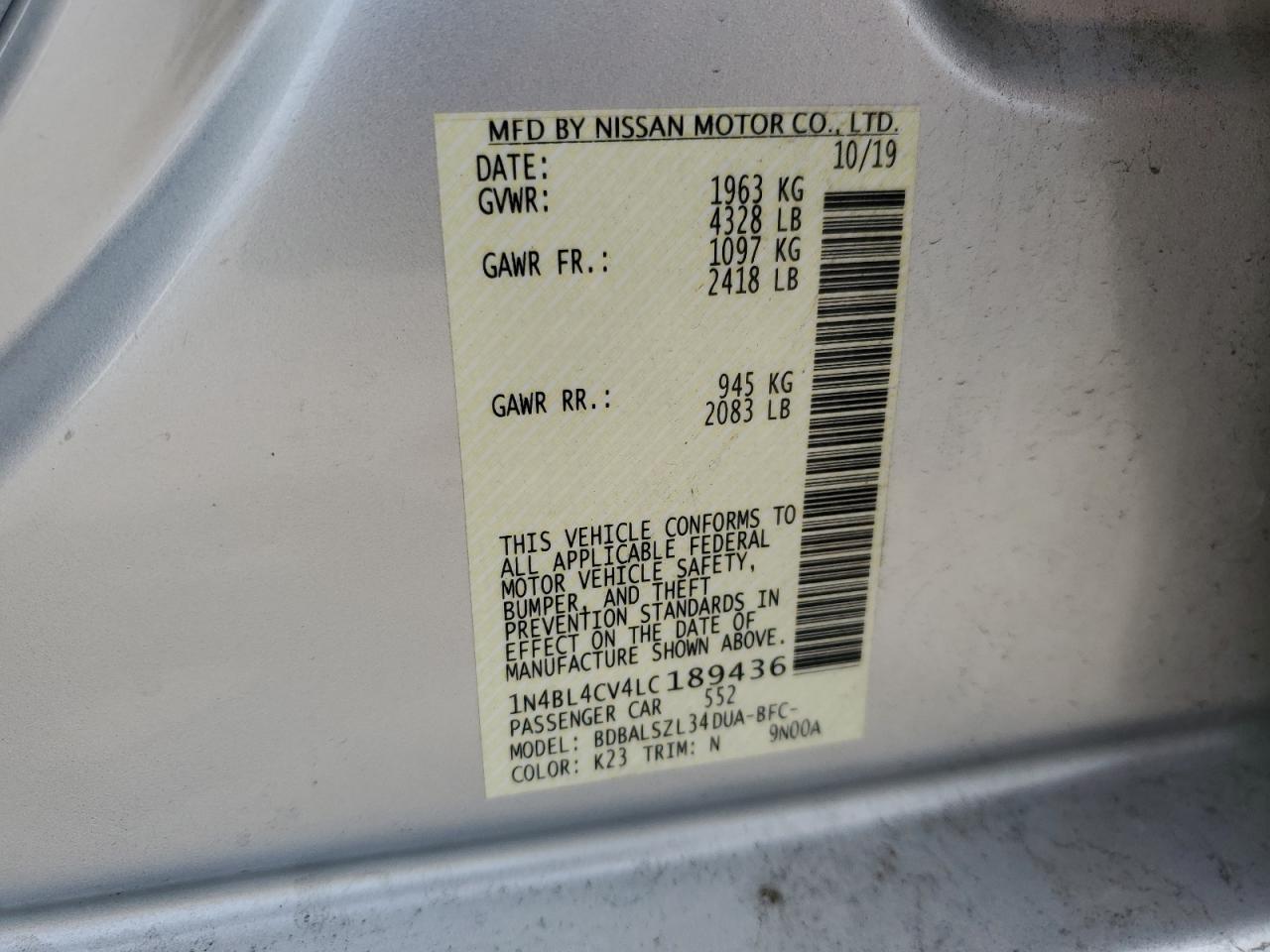 2020 Nissan Altima Sr Silver vin: 1N4BL4CV4LC189436