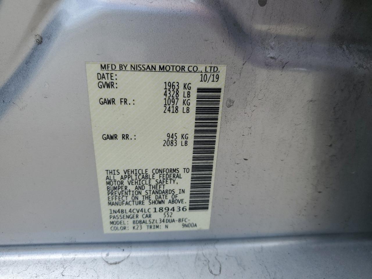 2020 Nissan Altima Sr Silver vin: 1N4BL4CV4LC189436