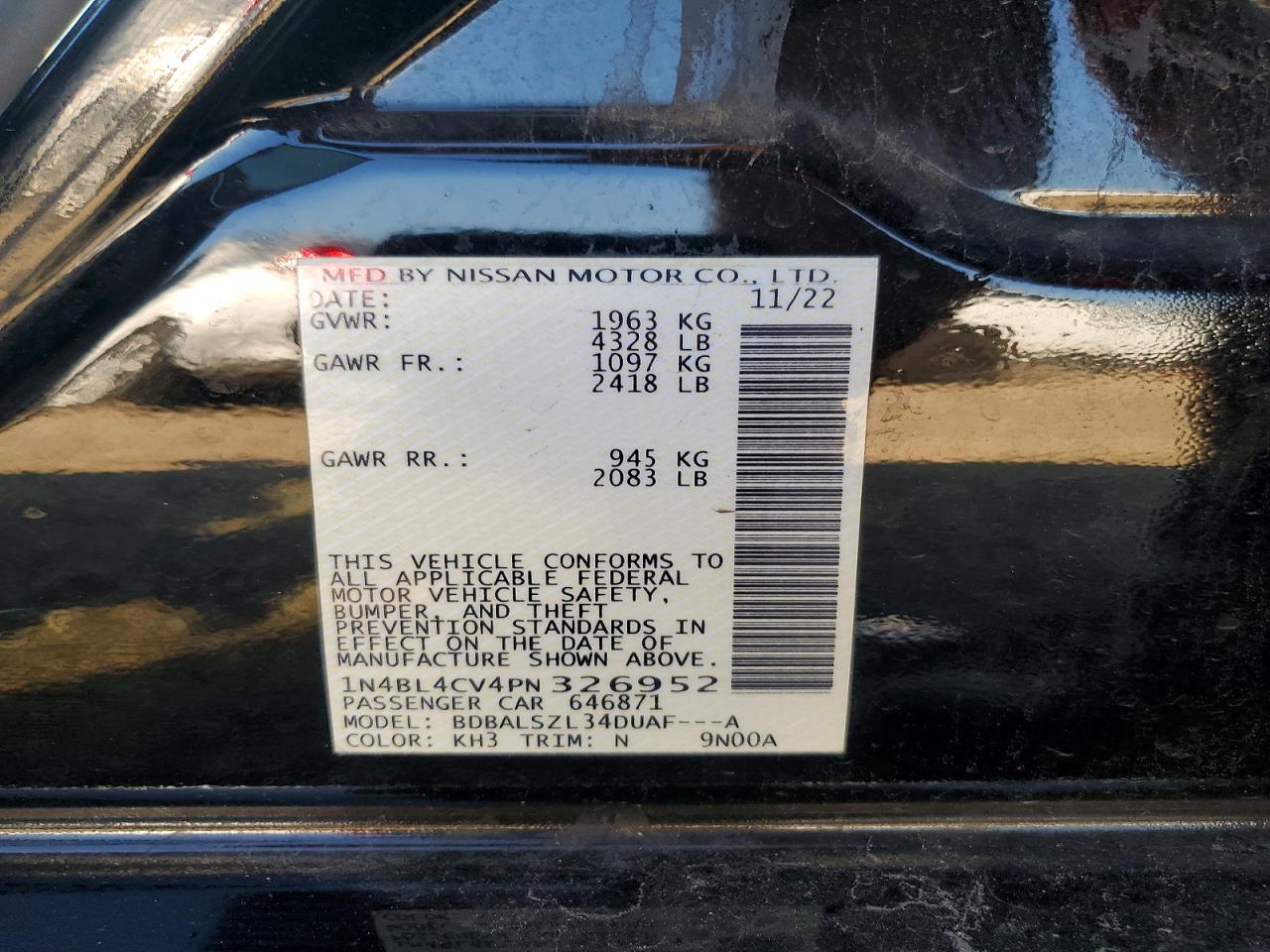 2023 Nissan Altima Sr Black vin: 1N4BL4CV4PN326952