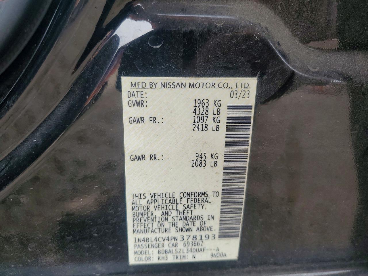 2023 Nissan Altima Sr Black vin: 1N4BL4CV4PN378193