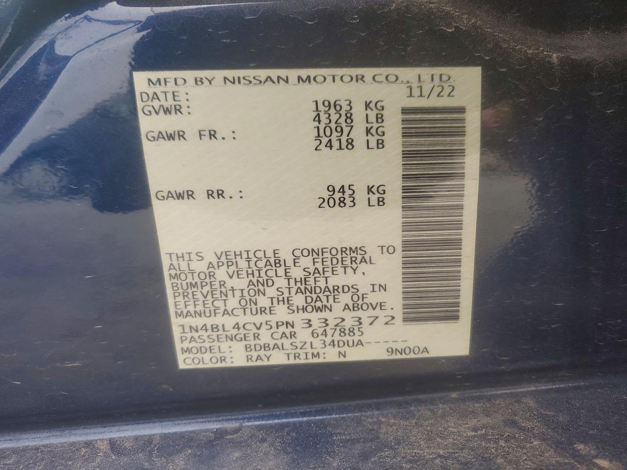 2023 Nissan Altima Blue vin: 1N4BL4CV5PN332372