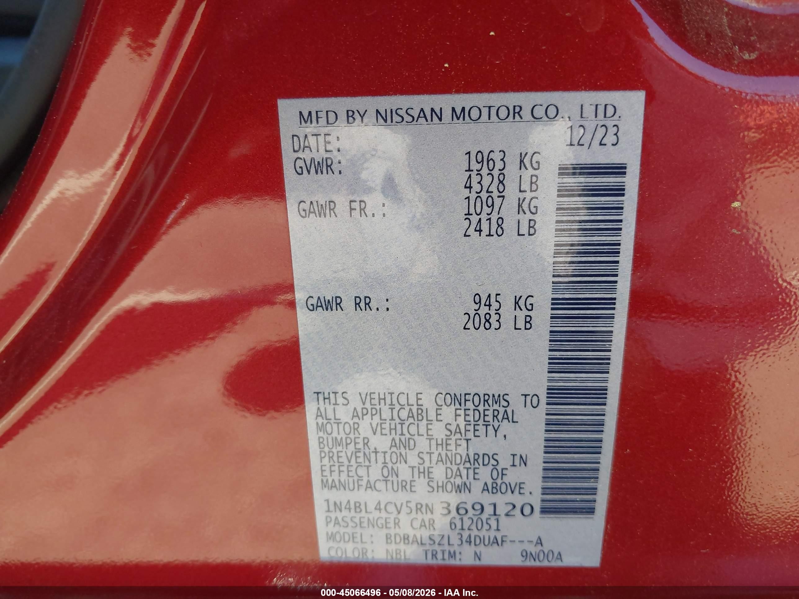 2024 Nissan Altima Sr Fwd Red vin: 1N4BL4CV5RN369120