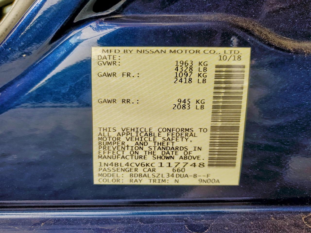 2019 Nissan Altima Sr Blue vin: 1N4BL4CV6KC117748