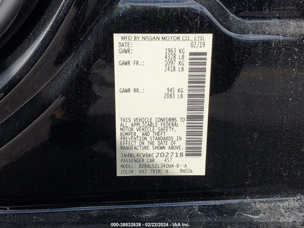 2019 Nissan Altima 2.5 Sr Black vin: 1N4BL4CV6KC202718