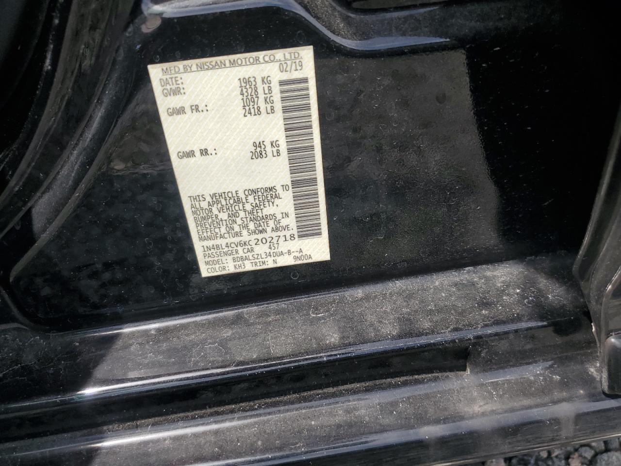 2019 Nissan Altima Sr Black vin: 1N4BL4CV6KC202718