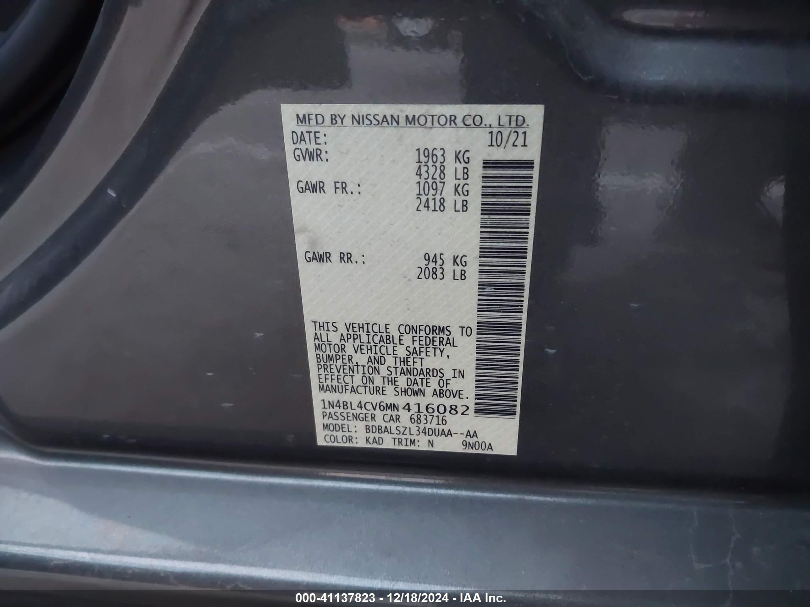2021 Nissan Altima Sr Fwd Gray vin: 1N4BL4CV6MN416082