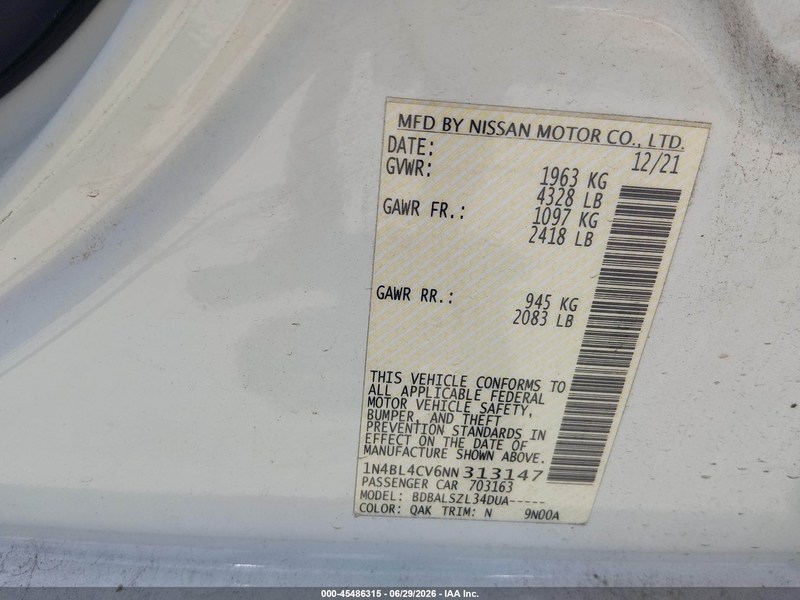 2022 Nissan Altima Sr Fwd White vin: 1N4BL4CV6NN313147