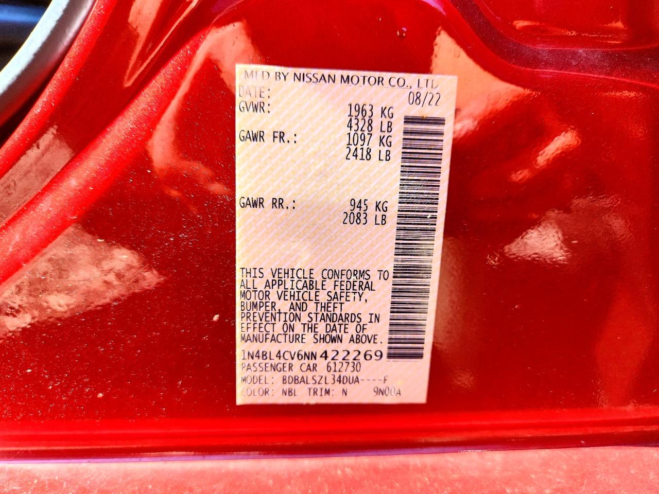 2022 Nissan Altima Sr Red vin: 1N4BL4CV6NN422269