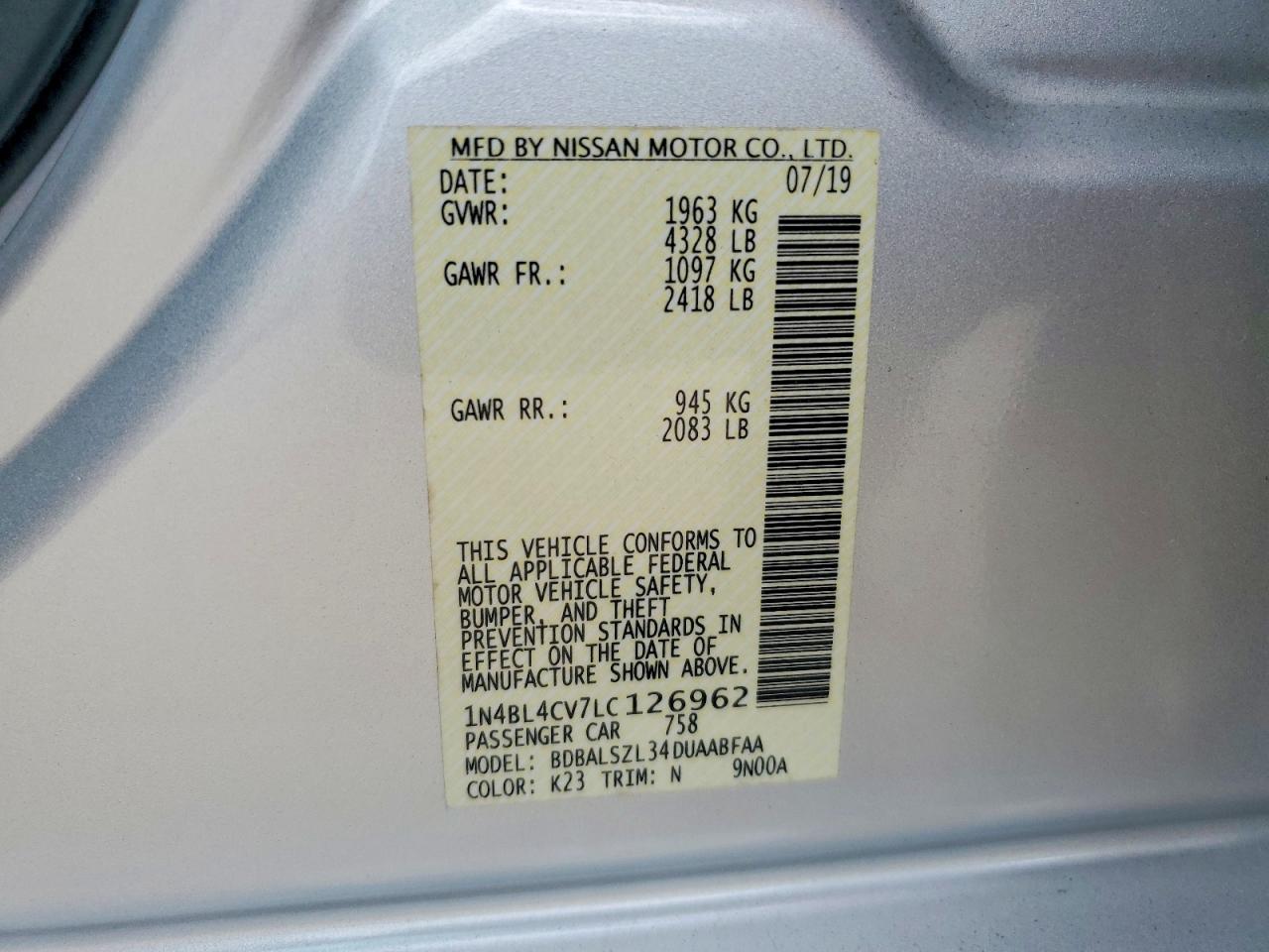 2020 Nissan Altima Sr Silver vin: 1N4BL4CV7LC126962