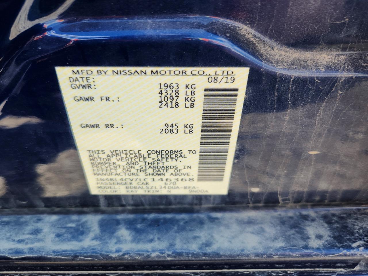2020 Nissan Altima Sr Blue vin: 1N4BL4CV7LC146368