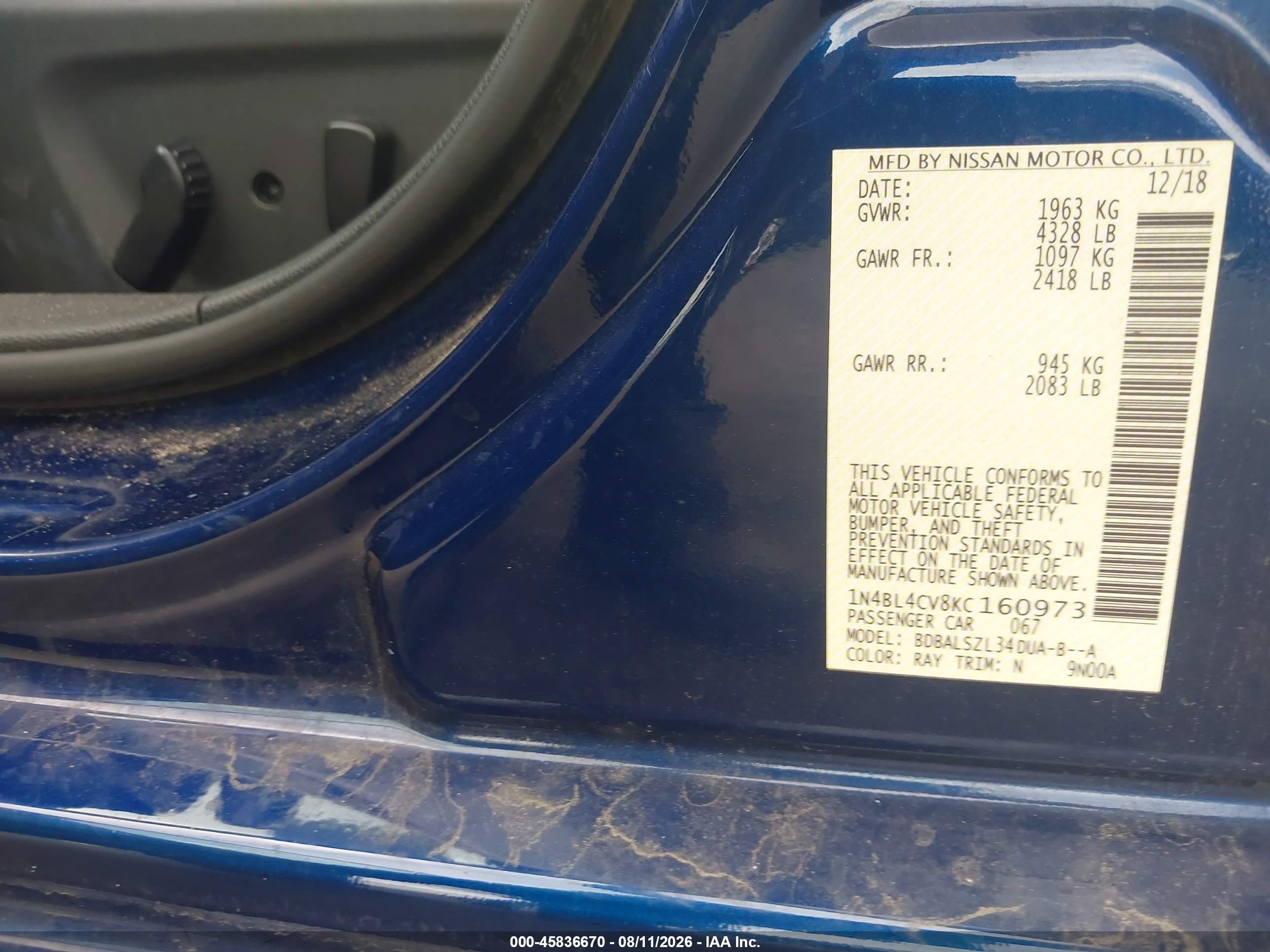 2019 Nissan Altima 2.5 Sr Blue vin: 1N4BL4CV8KC160973
