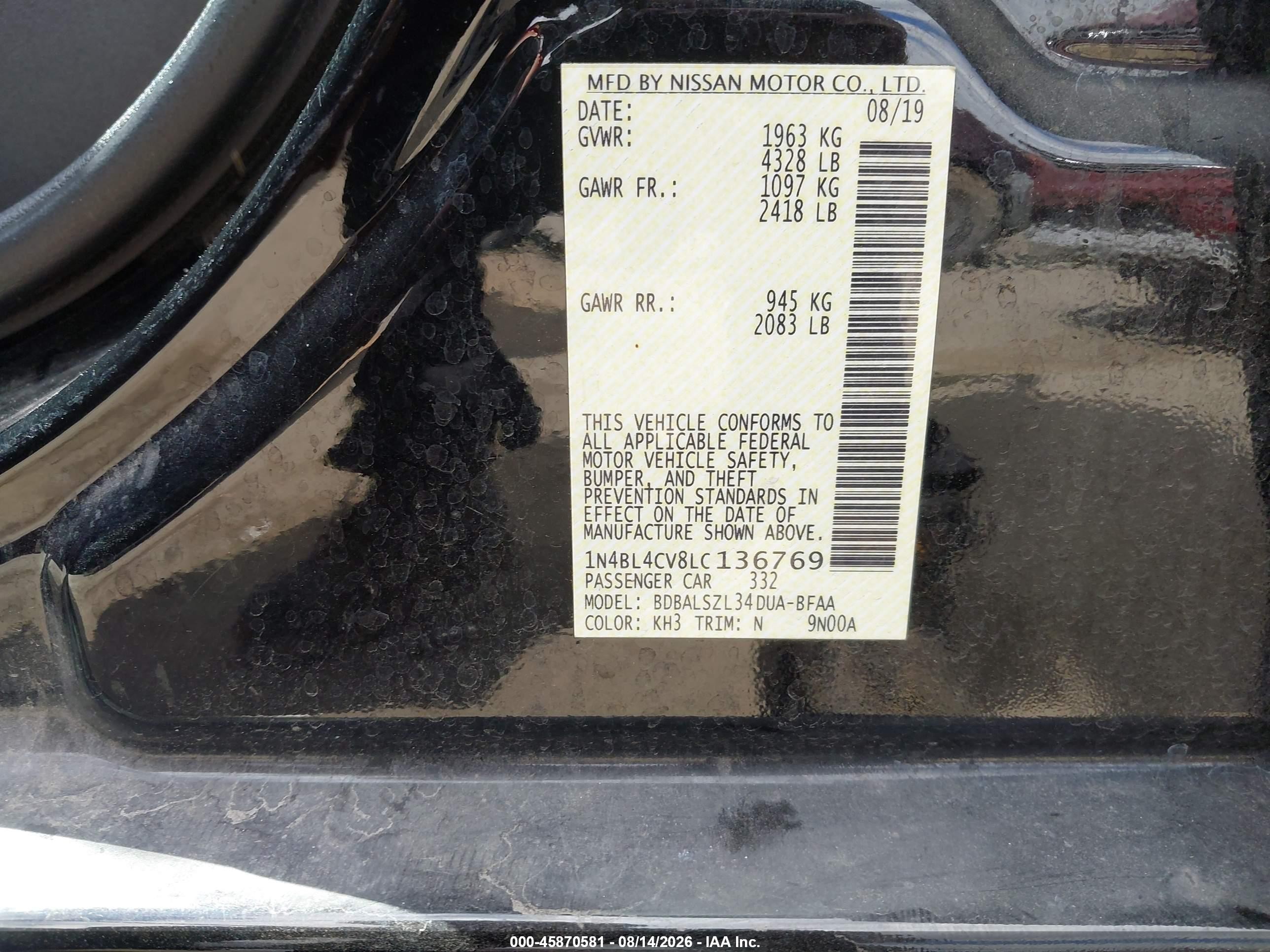2020 Nissan Altima Sr Fwd Black vin: 1N4BL4CV8LC136769