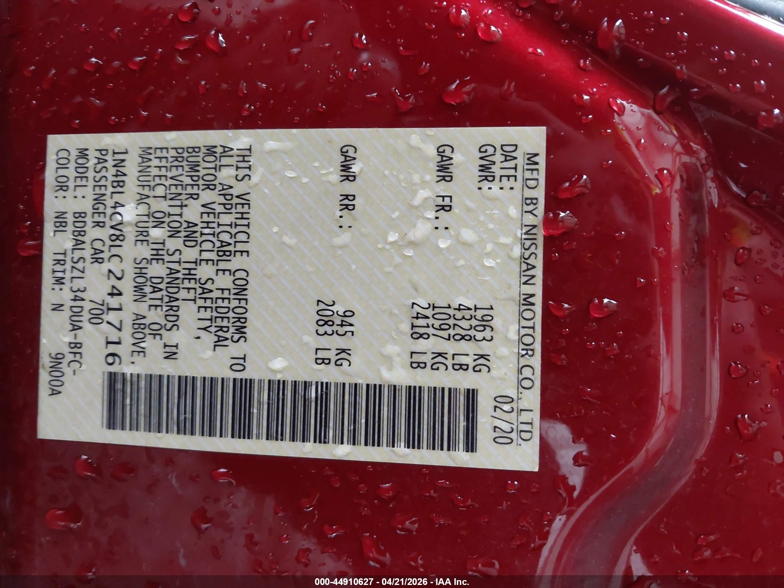2020 Nissan Altima Sr Fwd Red vin: 1N4BL4CV8LC241716