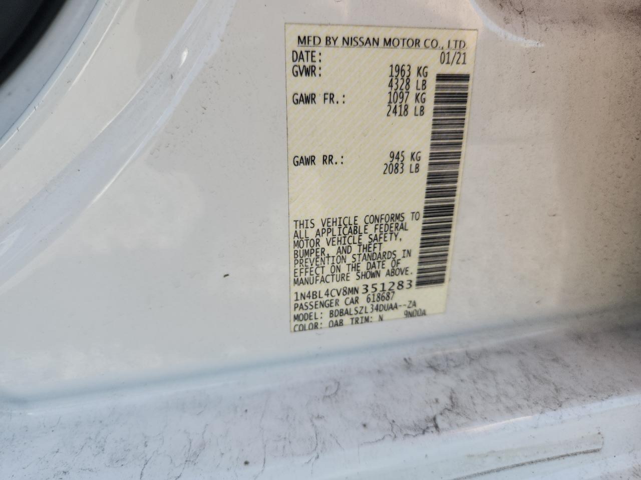 2021 Nissan Altima Sr White vin: 1N4BL4CV8MN351283