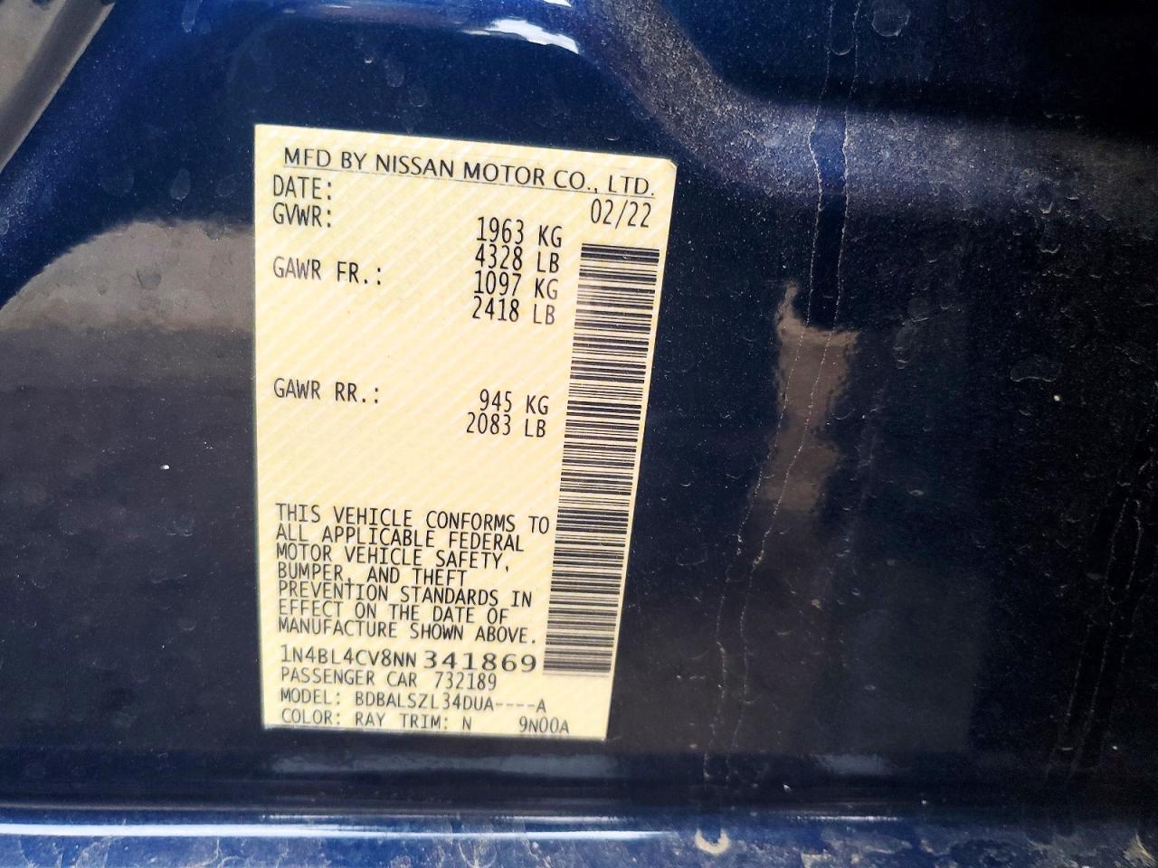 2022 Nissan Altima Sr Blue vin: 1N4BL4CV8NN341869