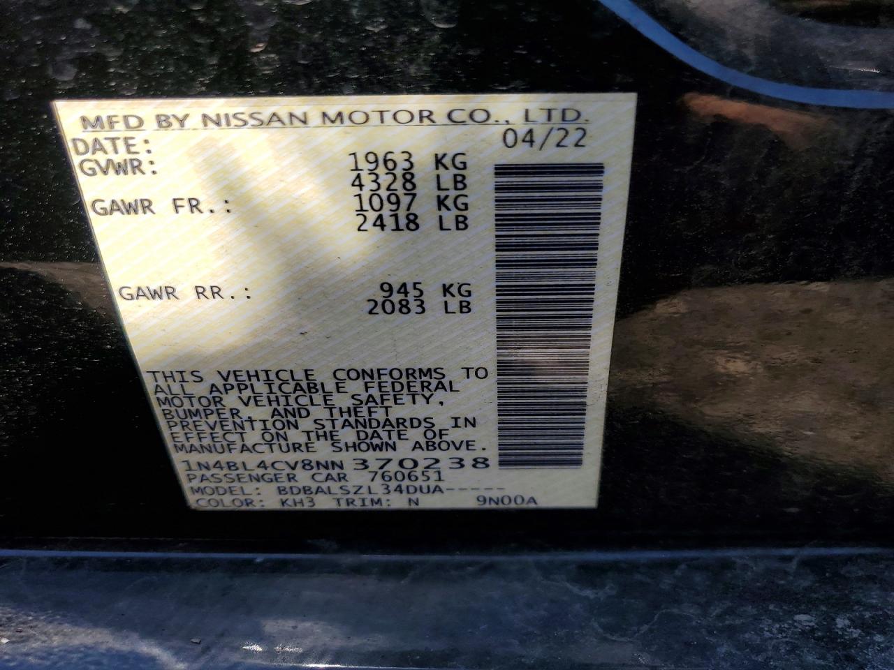 2022 Nissan Altima Sr Black vin: 1N4BL4CV8NN370238