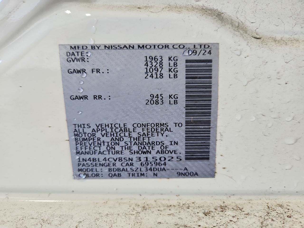 2025 Nissan Altima Sr White vin: 1N4BL4CV8SN315025