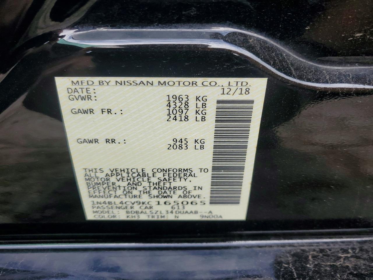 2019 Nissan Altima Sr Black vin: 1N4BL4CV9KC165065