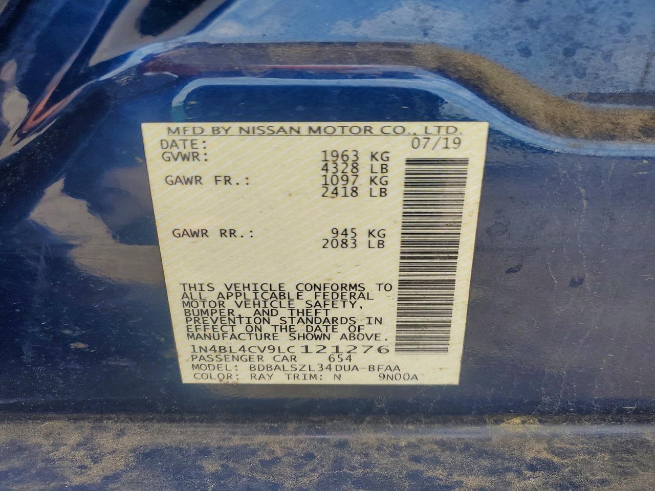 2020 Nissan Altima Sr Blue vin: 1N4BL4CV9LC121276