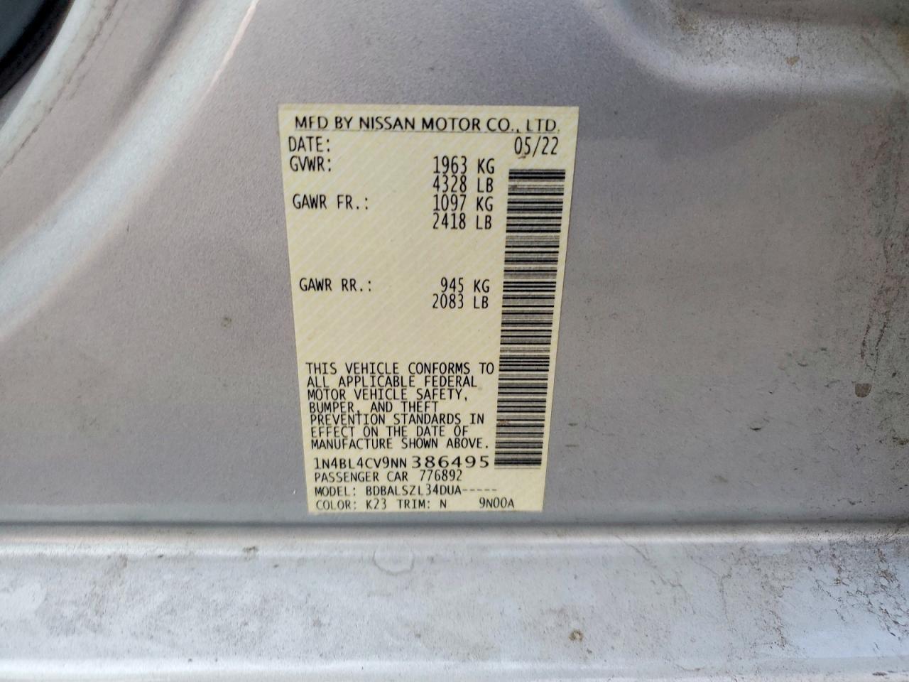 2022 Nissan Altima Sr Silver vin: 1N4BL4CV9NN386495