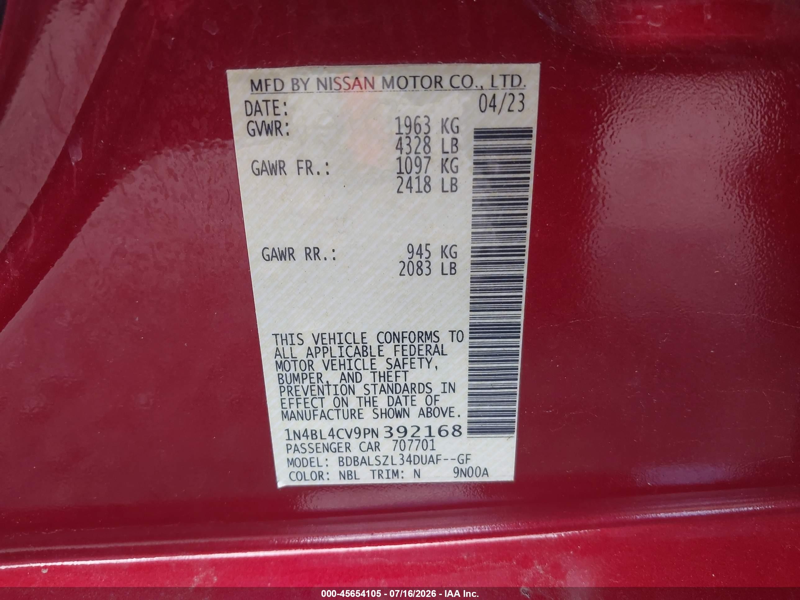 2023 Nissan Altima Sr Fwd Red vin: 1N4BL4CV9PN392168