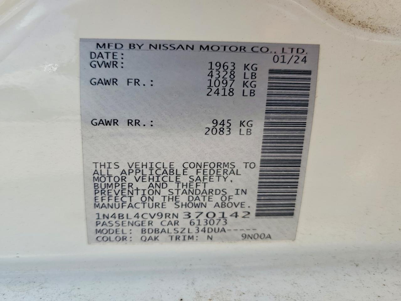 2024 Nissan Altima Sr White vin: 1N4BL4CV9RN370142