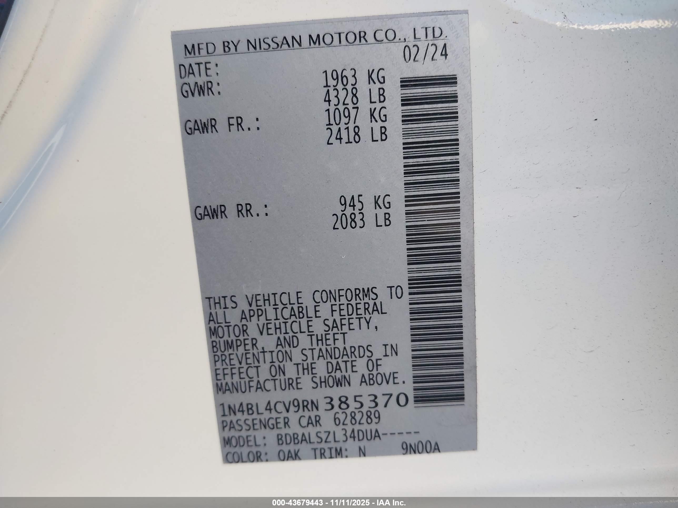 2024 Nissan Altima Sr Fwd White vin: 1N4BL4CV9RN385370