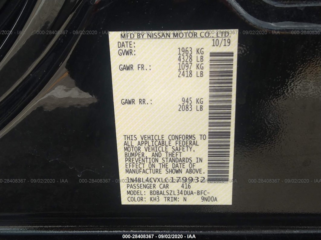 2020 Nissan Altima 2.5 Sr Black vin: 1N4BL4CVXLC179932