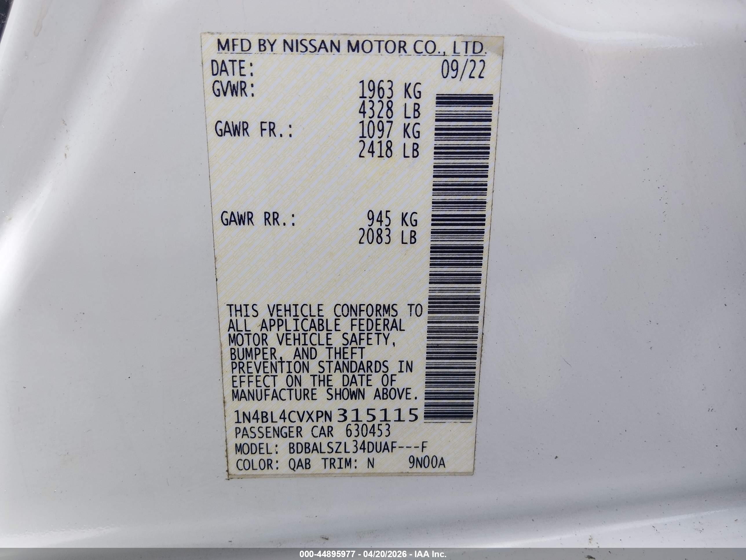 2023 Nissan Altima Sr Fwd White vin: 1N4BL4CVXPN315115