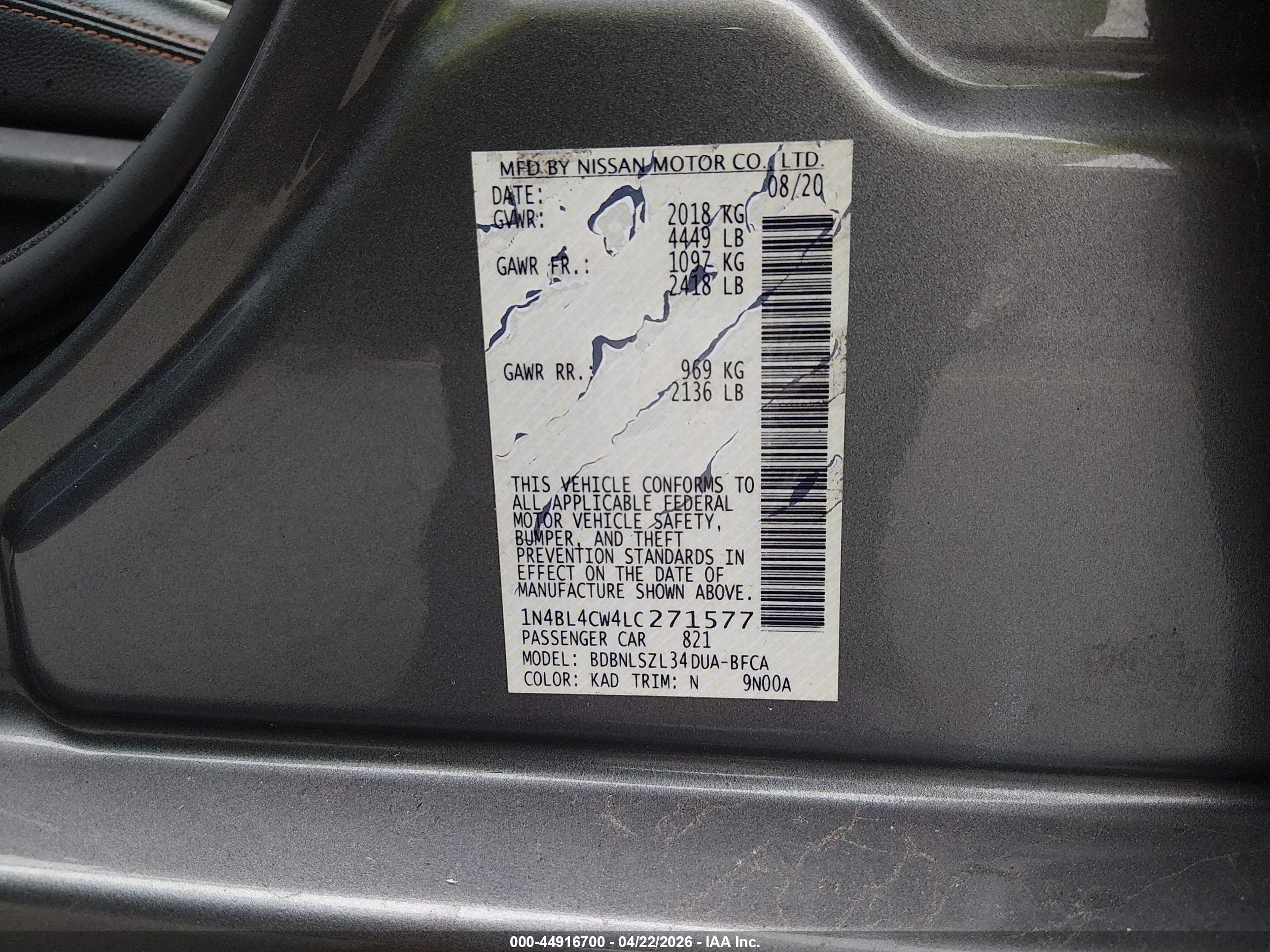 2020 Nissan Altima Sr Intelligent Awd Gray vin: 1N4BL4CW4LC271577