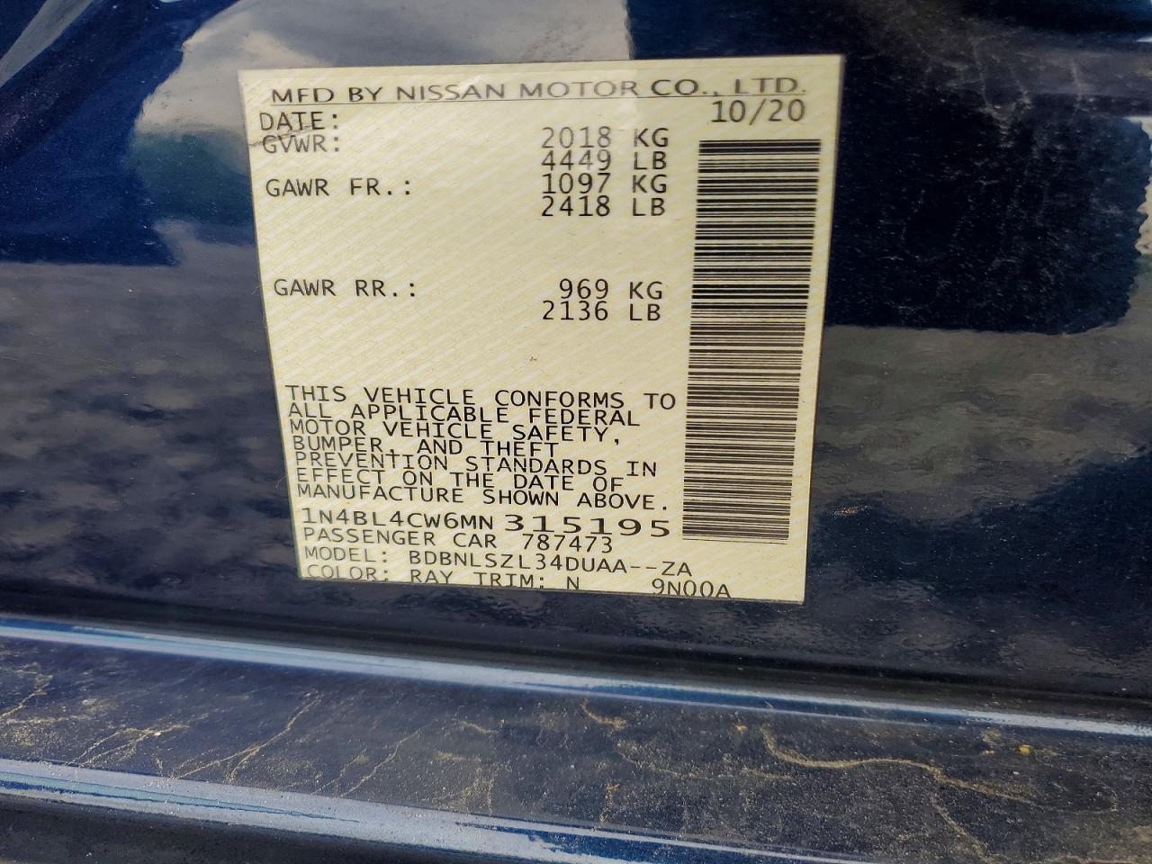 2021 Nissan Altima Sr Blue vin: 1N4BL4CW6MN315195