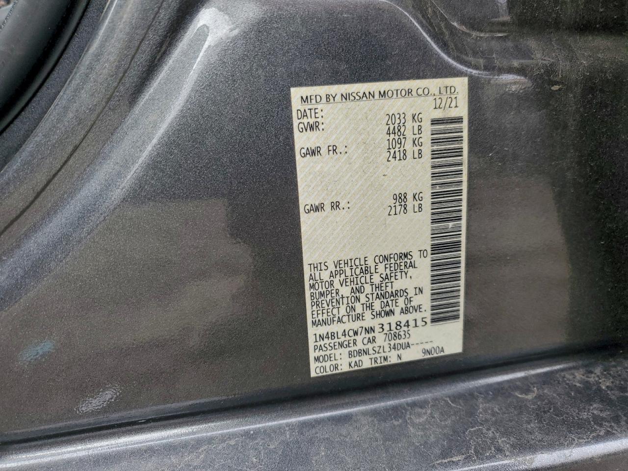 2022 Nissan Altima Sr Gray vin: 1N4BL4CW7NN318415