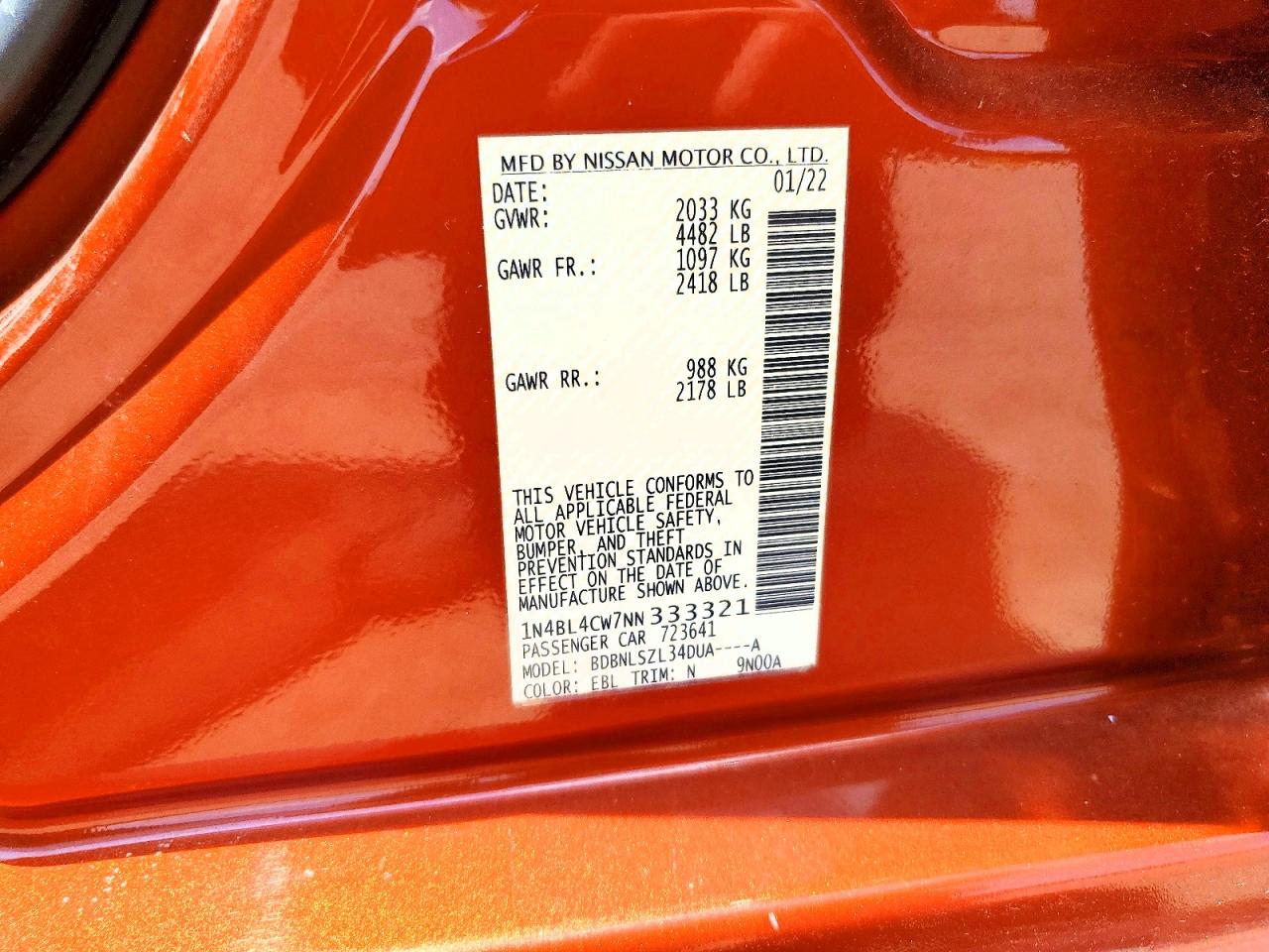 2022 Nissan Altima Sr Orange vin: 1N4BL4CW7NN333321