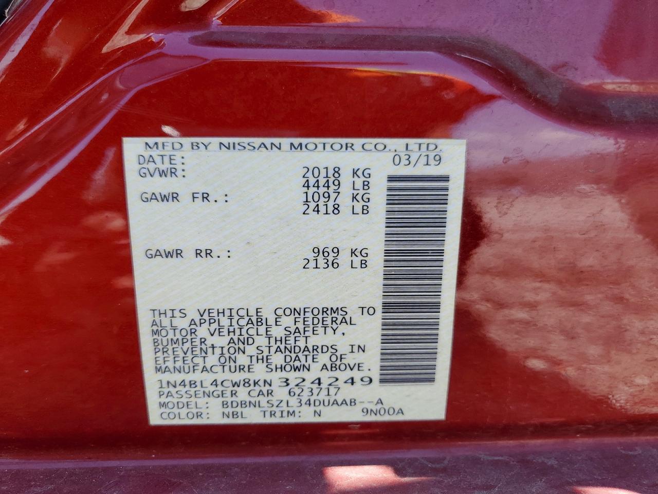 2019 Nissan Altima Sr Красный vin: 1N4BL4CW8KN324249