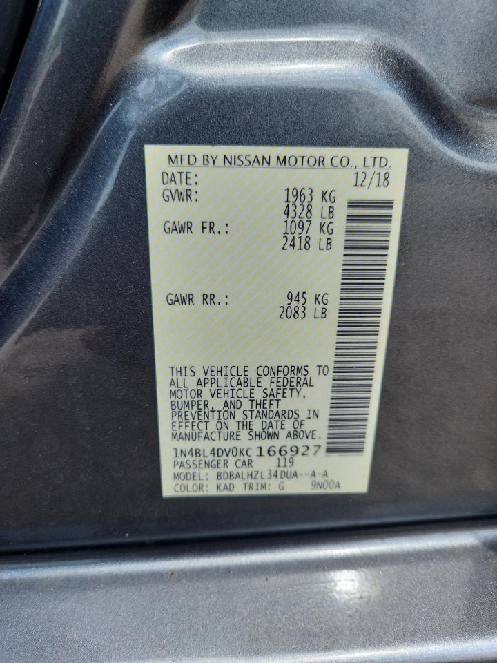 2019 Nissan Altima Sv Gray vin: 1N4BL4DV0KC166927