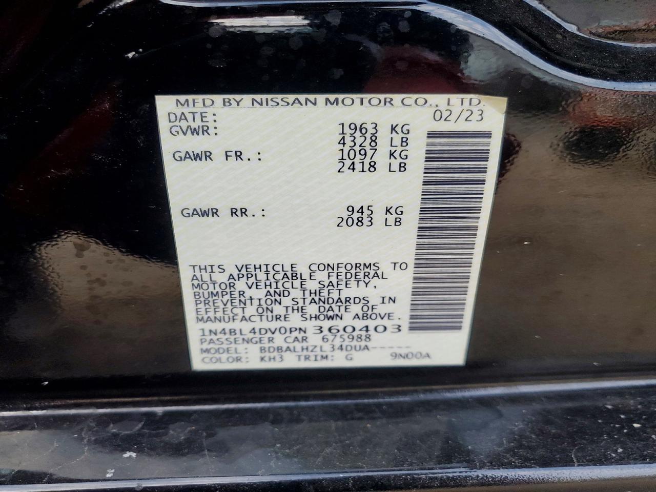 2023 Nissan Altima 2.5 Sv Black vin: 1N4BL4DV0PN360403