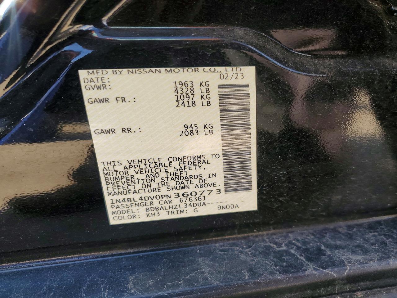 2023 Nissan Altima Sv Black vin: 1N4BL4DV0PN360773