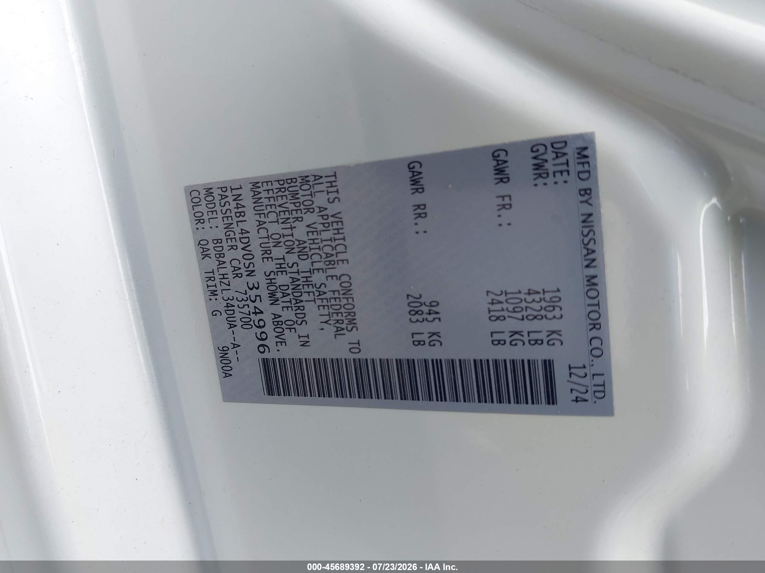 2025 Nissan Altima Sv Fwd White vin: 1N4BL4DV0SN354996