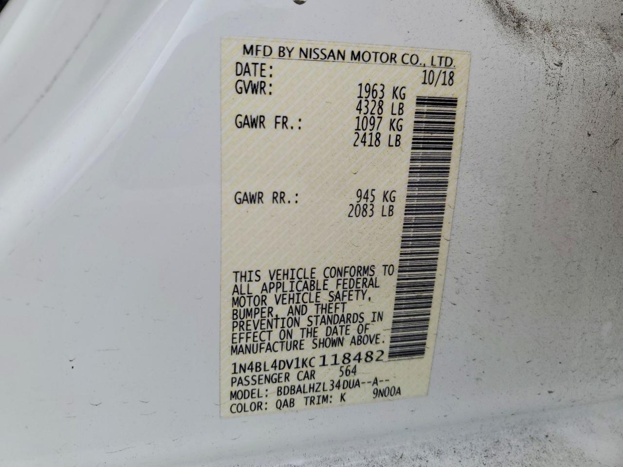 2019 Nissan Altima Sv White vin: 1N4BL4DV1KC118482