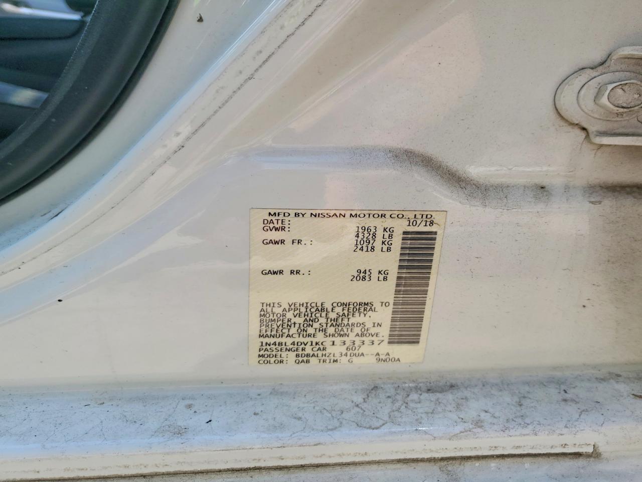 2019 Nissan Altima Sv White vin: 1N4BL4DV1KC133337