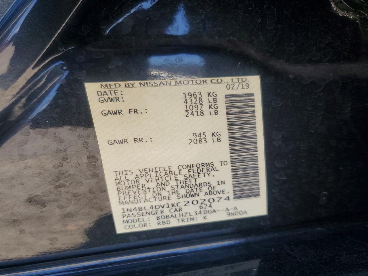 2019 Nissan Altima Sv Gray vin: 1N4BL4DV1KC202074
