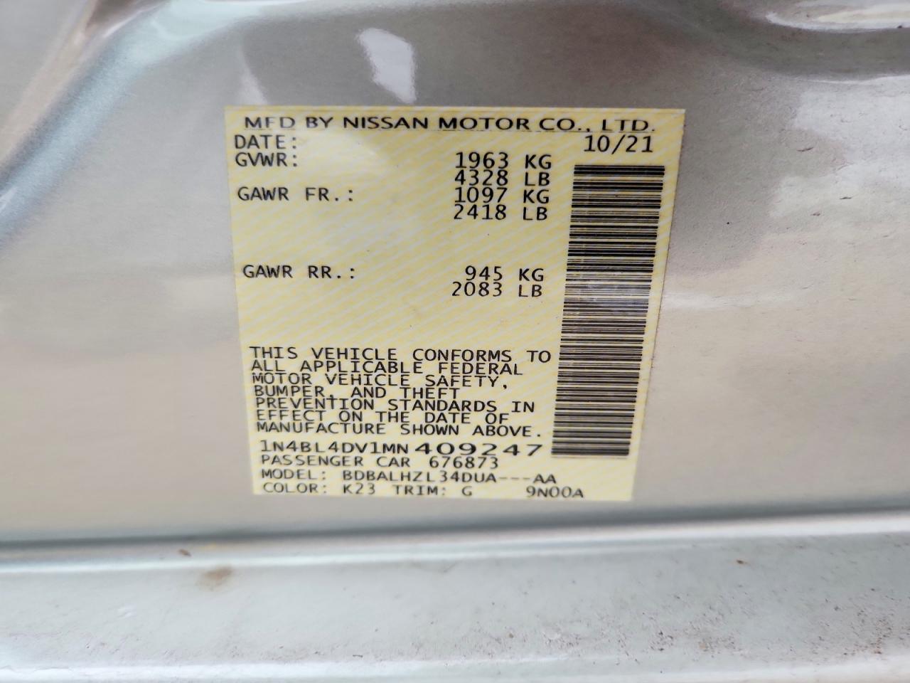 2021 Nissan Altima Sv Silver vin: 1N4BL4DV1MN409247